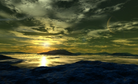 ALIEN SUNSET - MOUNTAINS, CLOUDS, WATER, SKY, ALIEN, STARS, SUNSET, PLANET, REFLECTION