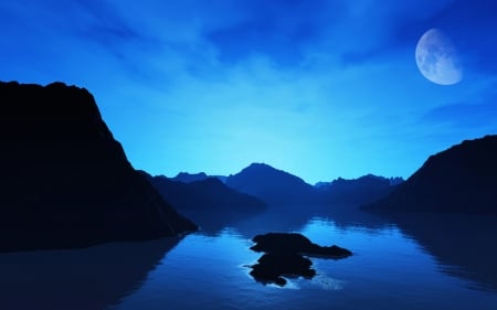 CATALINA COVE - moon, sky, cove, reflection, clouds, blue, catalina, mountains