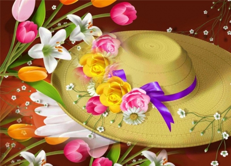 EASTER BONNET - hat, roses, easter, colorful, tulips, flowers, bonnet, lillies