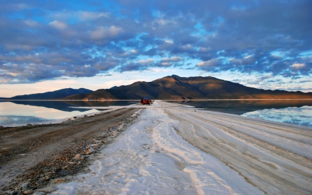 Desert - mountain, car, solt, desert, road