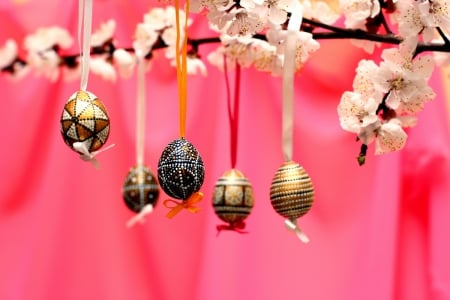 Easter Eggs and Blossoms - eggs, blossoms, Easter eggs, Spring, bows, Easter, ribbons