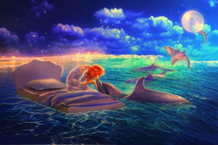 Dolphin Dreams - sky, pillow, redhead, bed, girl, fantasy, kising, beautiful, clouds, moonlight, sea, dolphin