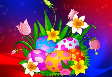 Happy easter - freshness, background, tulips, easter, colorful, lovely, eggs, pretty, beautiful, holiday, flowers, happy