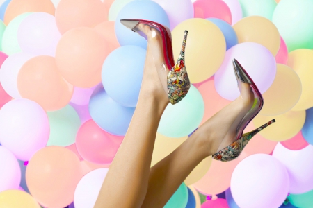 Happy Feet - high heels, wallpaper, cute, beautiful, girl, pastels, legs, balloons, feet, photography, shoes, woman