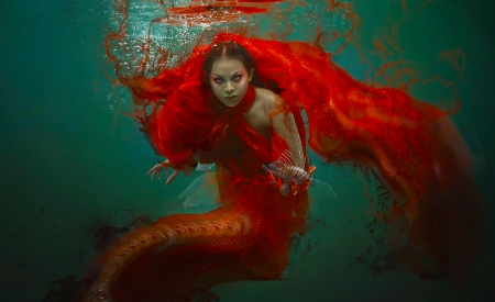 Red Mermaid - beautiful, photography, girl, beauty, fantasy, passion, mermaid, red, digital, woman, model, art