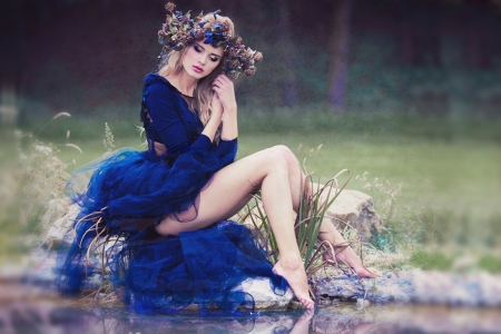 Nymph - blue, woman, model, Nymph, lake, flower