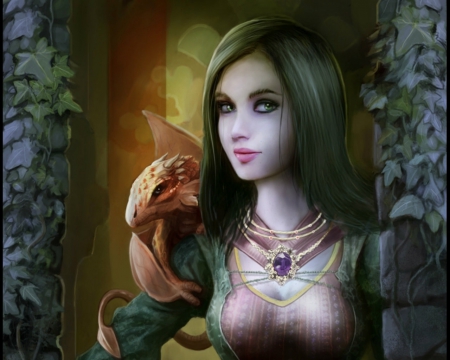 Dragon princess - face, dragon, fantasy, woman