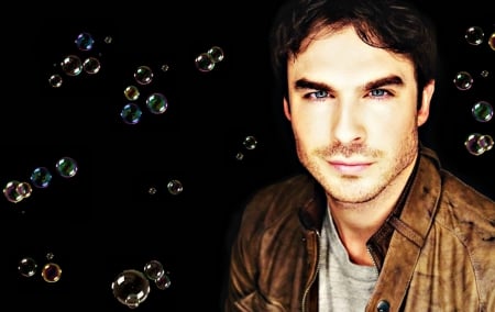 Ian Somerhalder - actor, by cehenot, man, vampire diaries, black, fantasy, bubbles, Ian Somerhalder, blue eyes