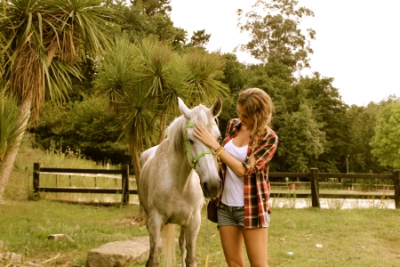 Cowgirl and Her Horse - style, girls, women, models, blonde, cowgirls, grass, horses, cowgirl, fun, blondes, boots, fashion, horse, western, water, ranch, pond, fence, female, trees