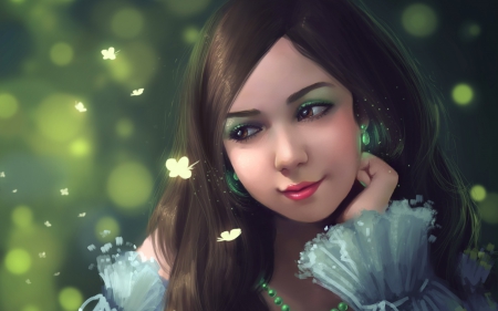 Fantasy girl - face, butterfly, fantasy, girl, woman, blue, green