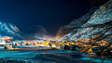 Isere Valley, France - mountains, winter, alps, beautiful, cityscape, buildings, lights city, starry night, trees, snow