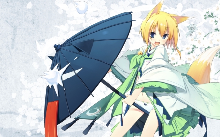 Stop it! - nice, beauty, female, snow boll, anime girl, spirit, pretty, blonde hair, cool, blonde ahir, umbrella, anime, kimono, cute, short hair, demon, tail, animal ears, aime girl, blue eyes, winter, neko girl, fox, snow, beautiful, blush, sweet, awesome, smile, flowers, dress