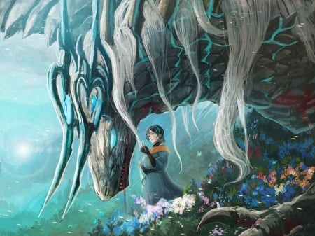 Forever friends! - anime, magic, female, dress, forest, long hair, white hair, horns, flowers, monster, dragon, okiaaam, nice, sky, sun, tattoo, yellow eyes, anime girl, game, pixiv fantasia, cool, fantasy, awesome, lights, black hair, gloves