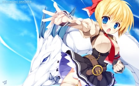 Attack him! - anime, magic, female, uniform, monster, short hair, dragon, silvia lautreamont, ribbon, sky, blue eyes, game cg, clouds, anime girl, game, shimesaba kohada, blush, blonde hair, seikoku no dragonar, fantasy, lights, sexy