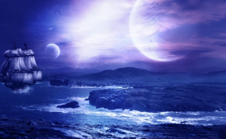 MIDNIGHT BLUE - sky, ocean, ship, stars, blue, night, moons, waves