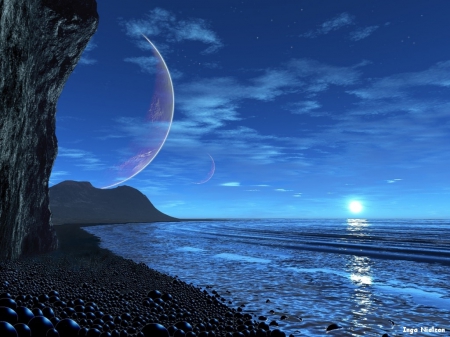 alien dawn - beach, moon, rocks, clouds