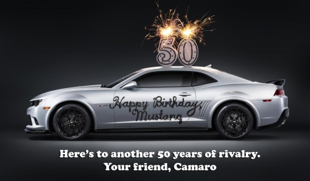 Camaro-Sends-A-Cheeky-Birthday-Card-To-The-Mustang - candles, bowtie, funny, gm