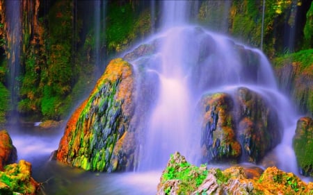 Colorful Waterfall - waterfall, rock, trees, colorful