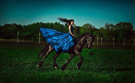 Beauty on Horse - horse, lady, beauty, blue