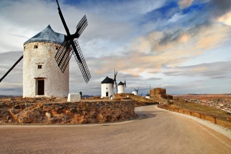 Windmills - windmills, sky, road, landscape, clouds, splendor, windmill, nature