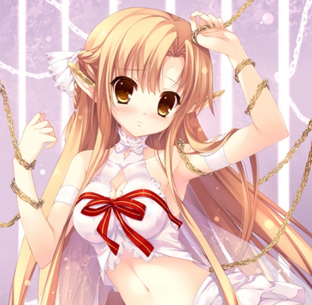 Gold Chains - pretty, anime, female, dress, long hair, yuuki, queen titania, sword art online, ribbon, sao, nice, anime girl, asuna, chain, beautiful, hot, girl, yuuki asuna, beauty, lovely, sweet, asuna yuuki, cute, sexy