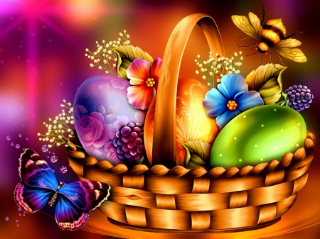 Happy easter - pretty, eggs, beautiful, photoshop, lovely, happy, easter, flowers, basket, colorful, holiday, background