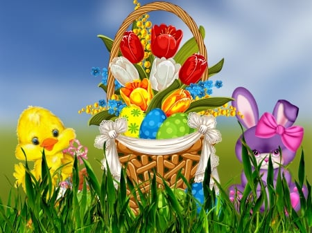 Easter mood - cute, bouquet, eggs, grass, easter, mood, rabbit, field, chickens, bunny, colorful, greenery, meadow, tulips, flowers, sweet, photoshop, sky, holiday, freshness, basket