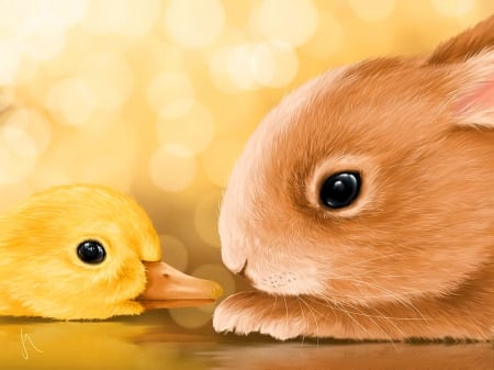 Happy easter - animals, easter, bunny, painting, art, rabbit, yellow, pretty, holiday, cute, adorable, duckling, kiss, beautiful, friends, sweet, happy