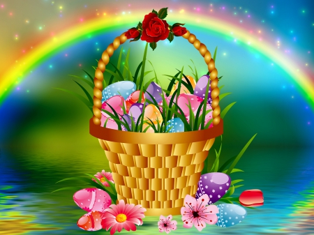 Easter rainbow - pretty, eggs, grass, spring, backgrouns, reflection, easter, flowers, rainbow, holiday, nice, beautiful, photoshop, colors, lovely, basket, colorful