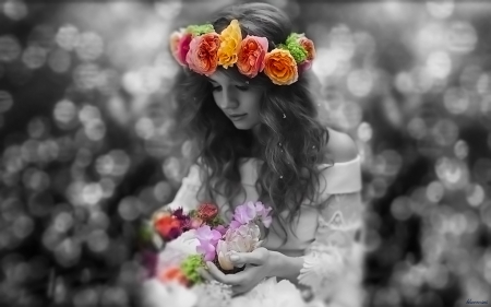 âœ¿ Flower girl âœ¿ - roses, two colours, flower in her hair, blur, flowers, brunette, hair, girl