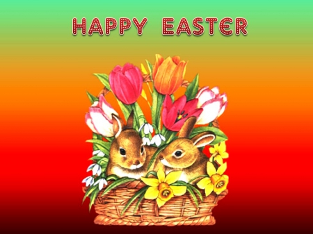 Happy Easter - flowers, blossoms, basket, bunny