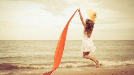 * Happy * - summer, warer, beach, girl, sea, happy, happiness, jump, sky