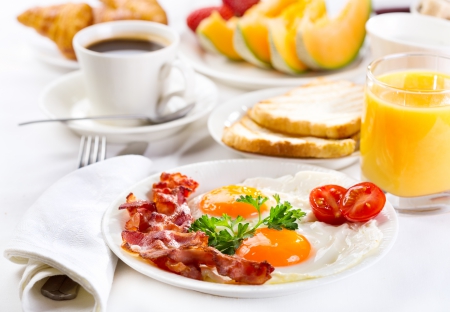 ♥Breakfast♥ - eggs, becon, coffee, juice, breakfast, food, fruits