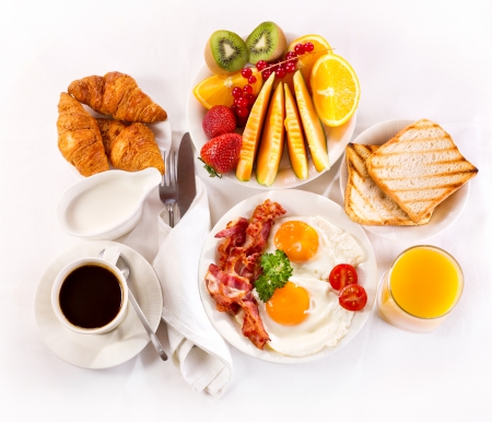 â™¥Breakfastâ™¥ - juice, eggs, coffee, breakfast, fruits, food, croissant, bacon