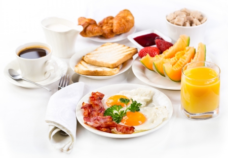 ♥Breakfast♥ - eggs, coffee, juice, breakfast, croissant, bacon, food, fruits