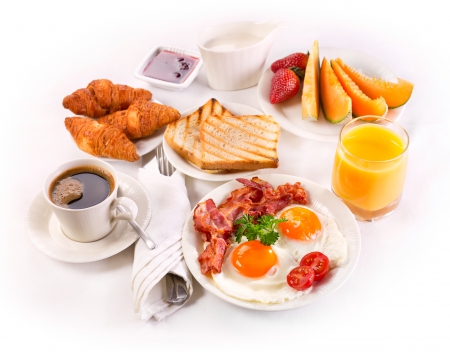 â™¥Breakfastâ™¥ - juice, eggs, coffee, breakfast, fruits, food, croissant, bacon