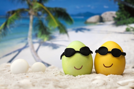 Fun In The Sun~Easter Vacation :) - eggs, Easter eggs, water, beach, ocean, Easter, sand, palm, shells, sunglasses, rocks