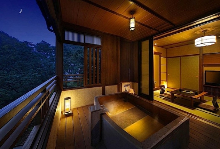 Japanese Room - room, night, japanese, hot spring, balcony, onsen, japan, lantern, bath