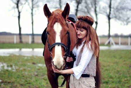 Cowgirl and Her Horse - horse, cowgirl, water, fence, trees, grass