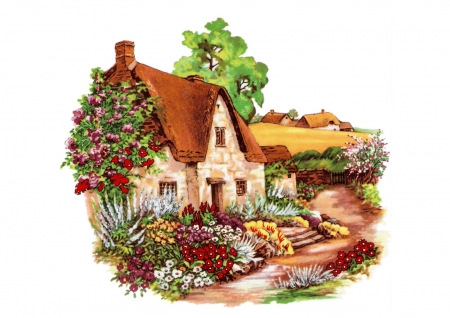 Country Cottage - cottage, roses, country, red