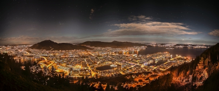 Bergen, Nocturnal Panoramic - clouds, Norway, hills, beautiful, sea, city lights, buildings, cityscape, streets, starry night, bay