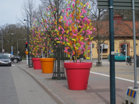 Easter - street, feathers, pots, easter, cars, spring, town, color, house