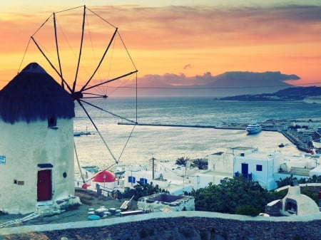 Greek - mykonos, cities, windmills, city, windmill, sunset, greece