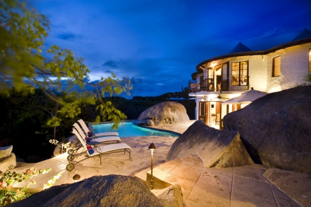 House on the rocks - beach, evening, house, rocks, lights