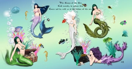 Sirens of the Sea - water, fish, mermaids, sea, fantasy, underwater