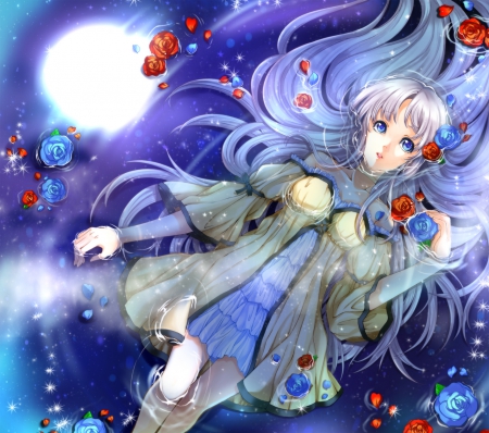 Night Sky Reflection - ddress, beauty, female, water, anime girl, rose, petals, anime, maiden, moon, lady, lying, girl, lauing, light, wet, long hair, lay, gown, glow, floral, beautiful, blossom