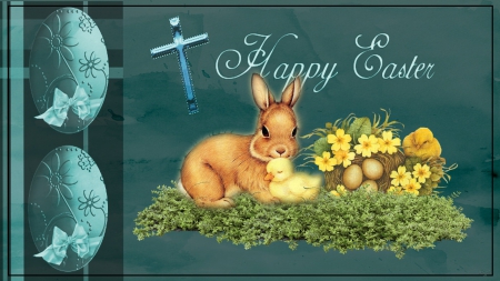 Happy Easter - easter bunny, chicks, easter egg, easter, happy easter, bunny