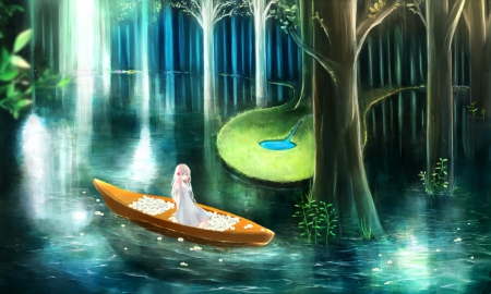 Just Around the Riverbend - forest, boat, beautiful, anime girl, girl, magic, scenery, river, light, tree, glow, pretty, water, plant, beauty, sweet, anime, nice, lovely, scene, female, jungle