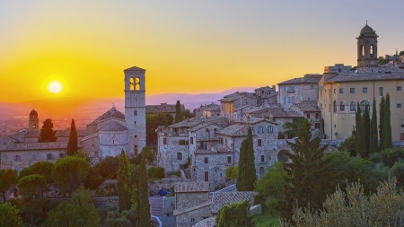 magnificent sunset over italian town - bright, hill, town, church, sunset