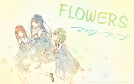 ~Flowers~ - pretty, dresses, anime, Flowers, long hair, flowers, girls, short hair, uniforms, friends